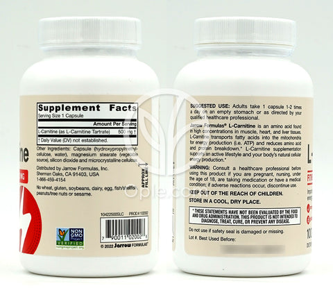자로우포뮬러스_비건 L-카르니틴 500mg, 100 베지캡슐 (후면)